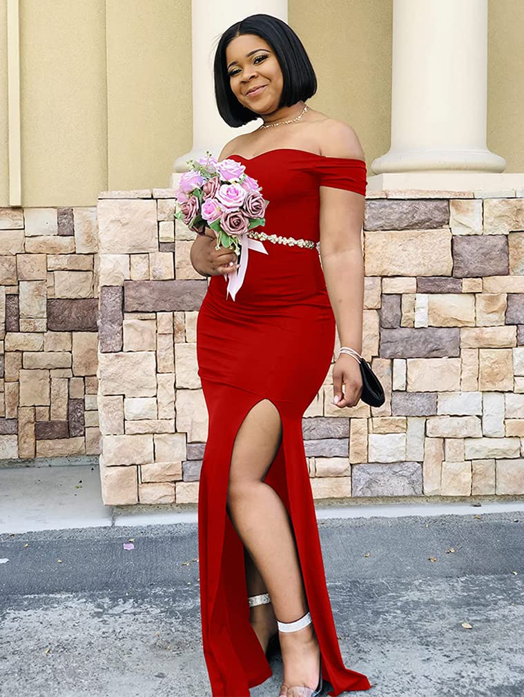 YMDUCH Women's Off Shoulder High Split Long Formal Party Dress Evening Gown Red - Image 5